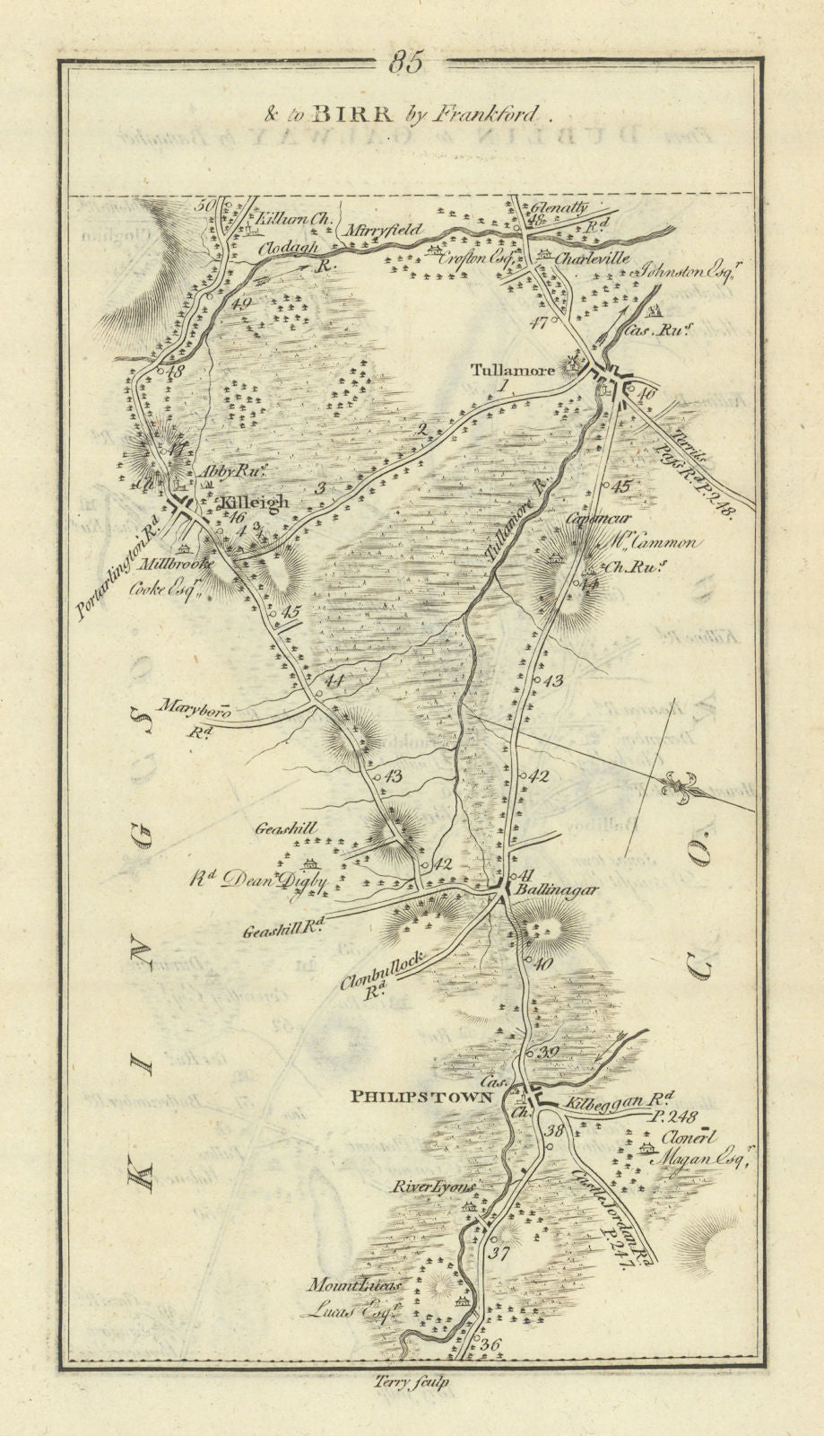 #85 to Birr by Frankford. Tullamore Ballinagar Daingean. TAYLOR/SKINNER 1778 map